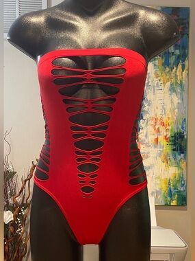 Red Cutout Strapless One-Piece Bodysuit